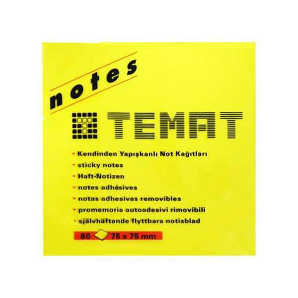 Temat Yapışkanlı Not Kağıdı 75x75 Fosforlu Sarı 12'li Paket